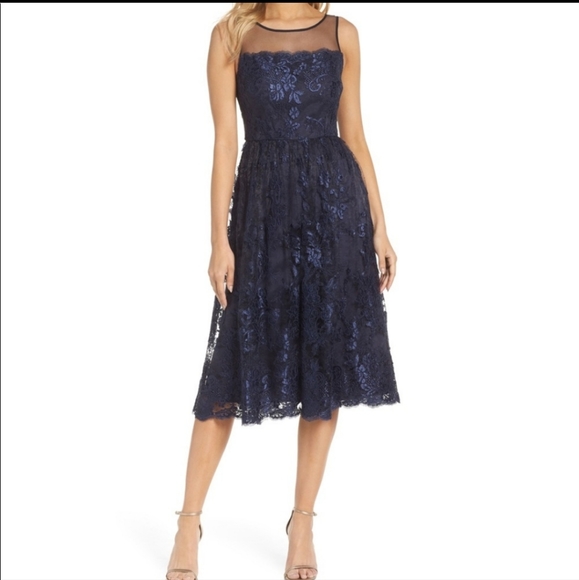 Adrianna Papell Dresses & Skirts - NWT Adrianna Papell Navy Sleeveless Tea Length Lace Dress 14